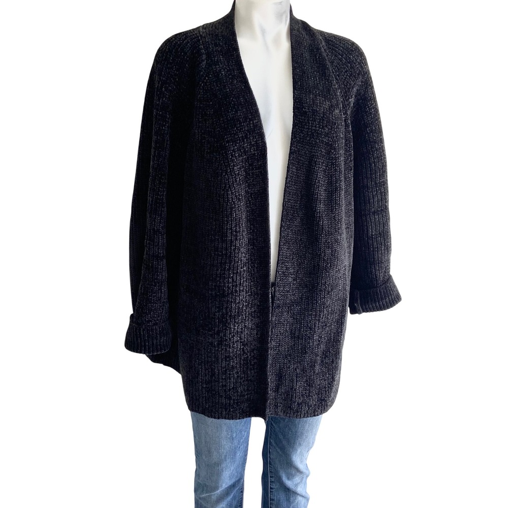 LOFT Black Chenille Cardigan Sweater Open Front Oversized Knit XL